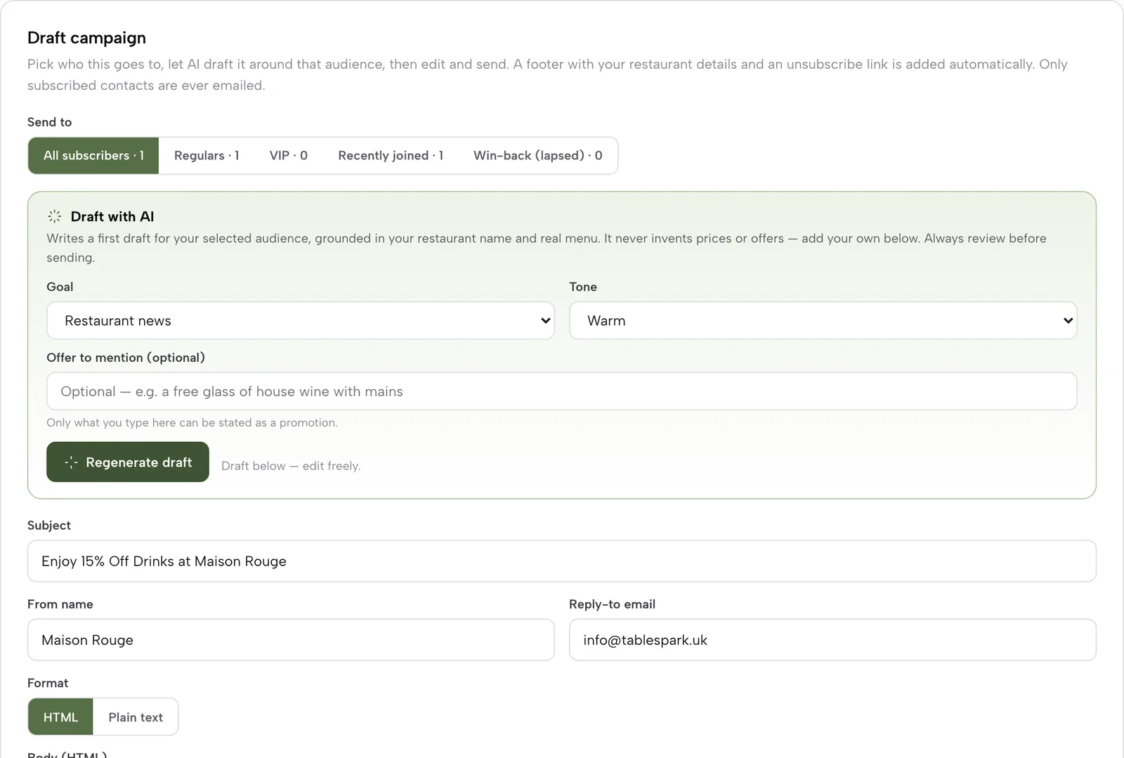 The Draft campaign screen with audience segments, the drafting panel and the email preview