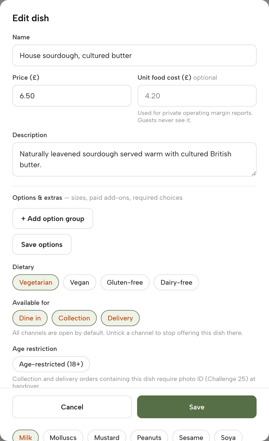The dish editor: name, price, description, option groups, dietary and allergen chips
