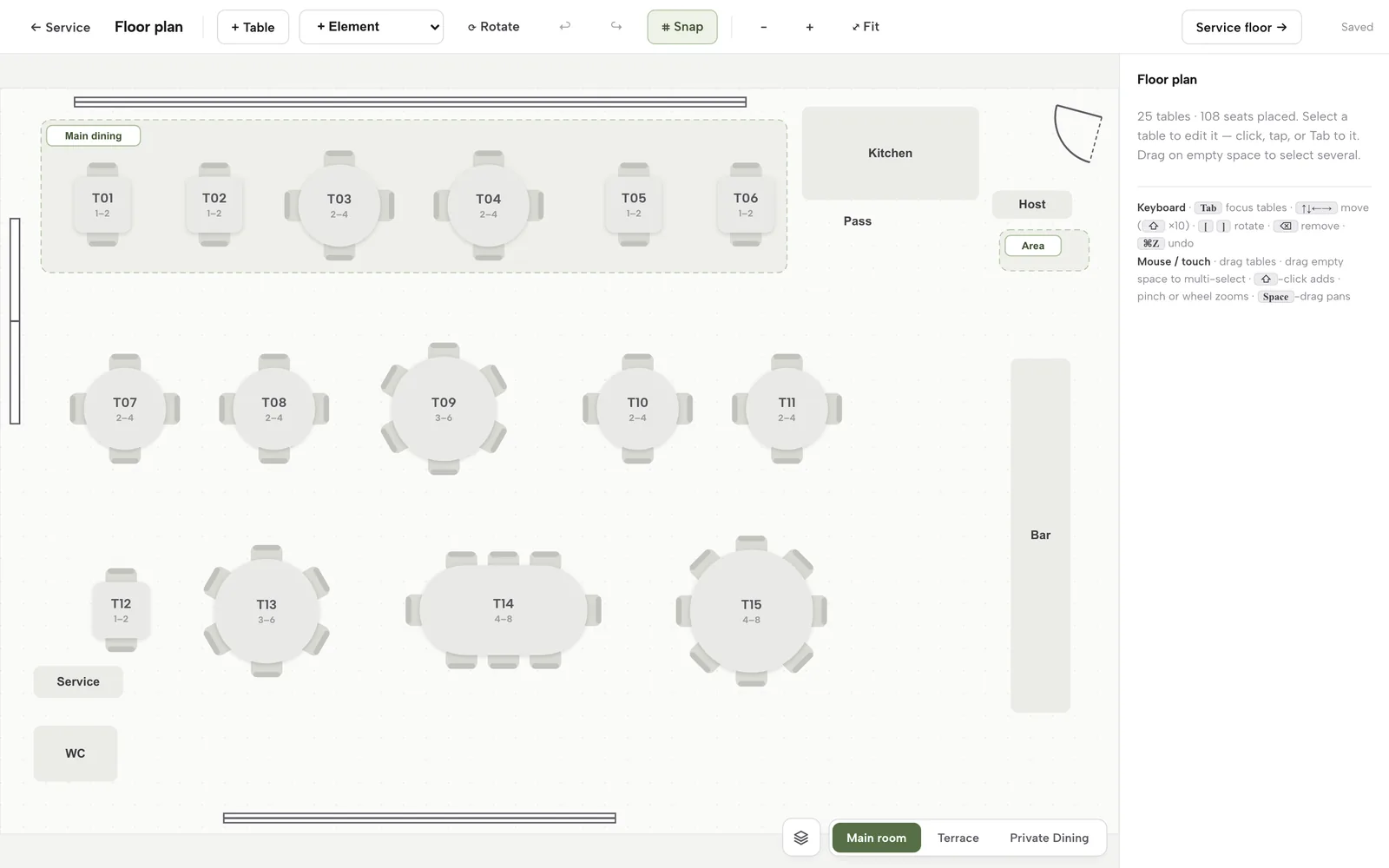 The floor plan editor: toolbar with Table, Element, Rotate, Snap and Fit, a canvas with the main dining room, kitchen, pass, bar and terrace, and the inspector on the right