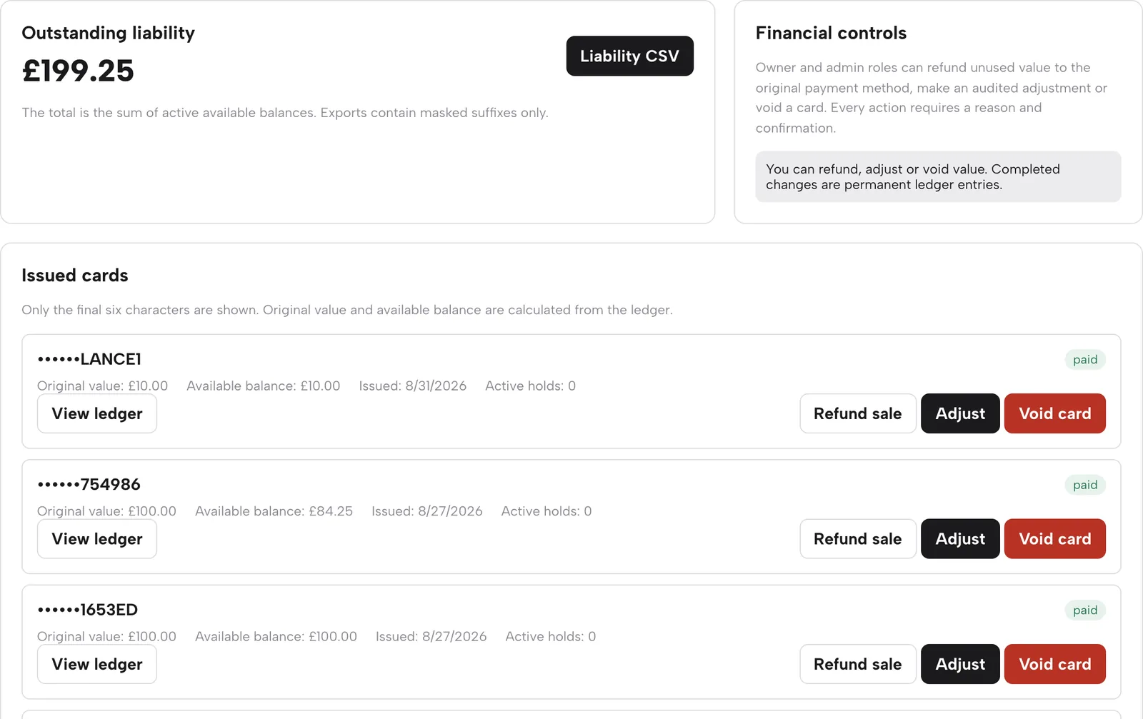 The Gift cards page with outstanding liability and issued cards