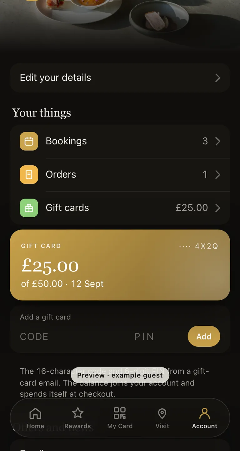 The Guest App Account tab with the Gift cards panel open, showing a £25.00 card balance and a form to add another card
