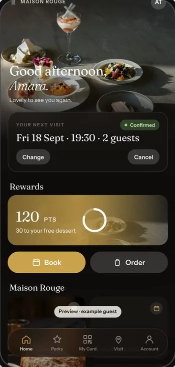 The Guest App home tab on a phone: a greeting, the guest’s next visit with Change and Cancel, points towards a free dessert, and Book and Order buttons