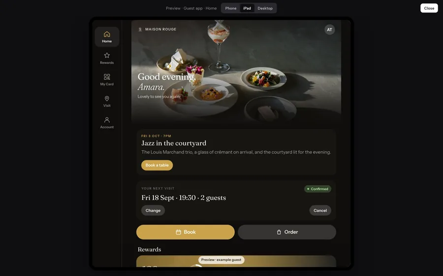 The guest app on an iPad: a greeting, an upcoming event, the next confirmed visit and Book and Order buttons