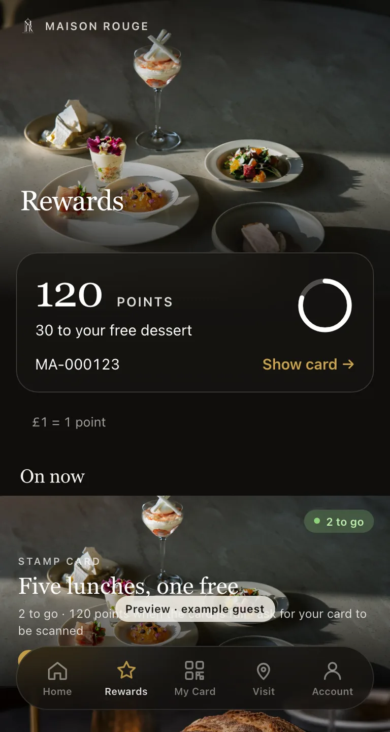 The Guest App Rewards tab: 120 points with a progress ring, the member card number and the live campaigns