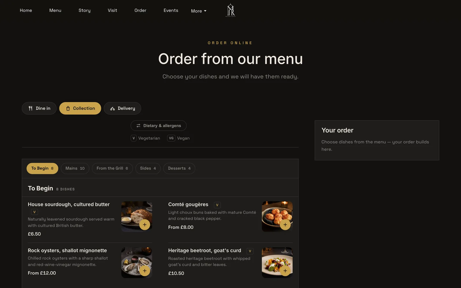 The direct order page in Collection mode with category tabs and dishes