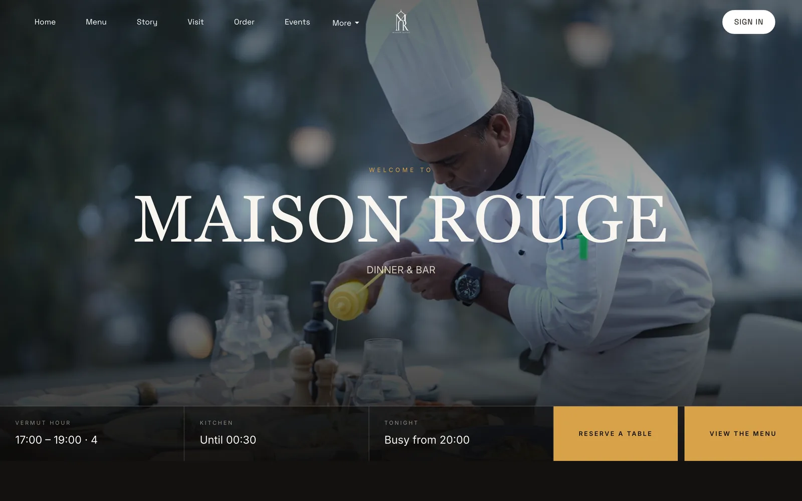 A restaurant site built on TableSpark, with the restaurant name over a chef photograph and the menu below