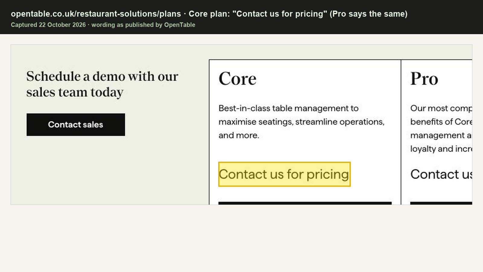 OpenTable’s UK plans page: the Core plan card reads Contact us for pricing, highlighted