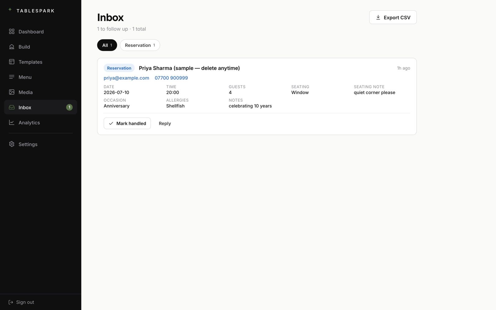 The TableSpark Inbox: a reservation with party size, seating, occasion and allergies, ready to mark handled
