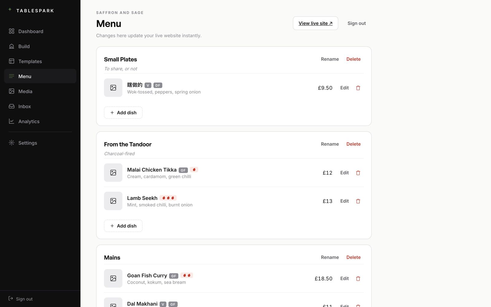 The TableSpark menu editor: courses, dishes, prices, dietary and spice tags, edited inline