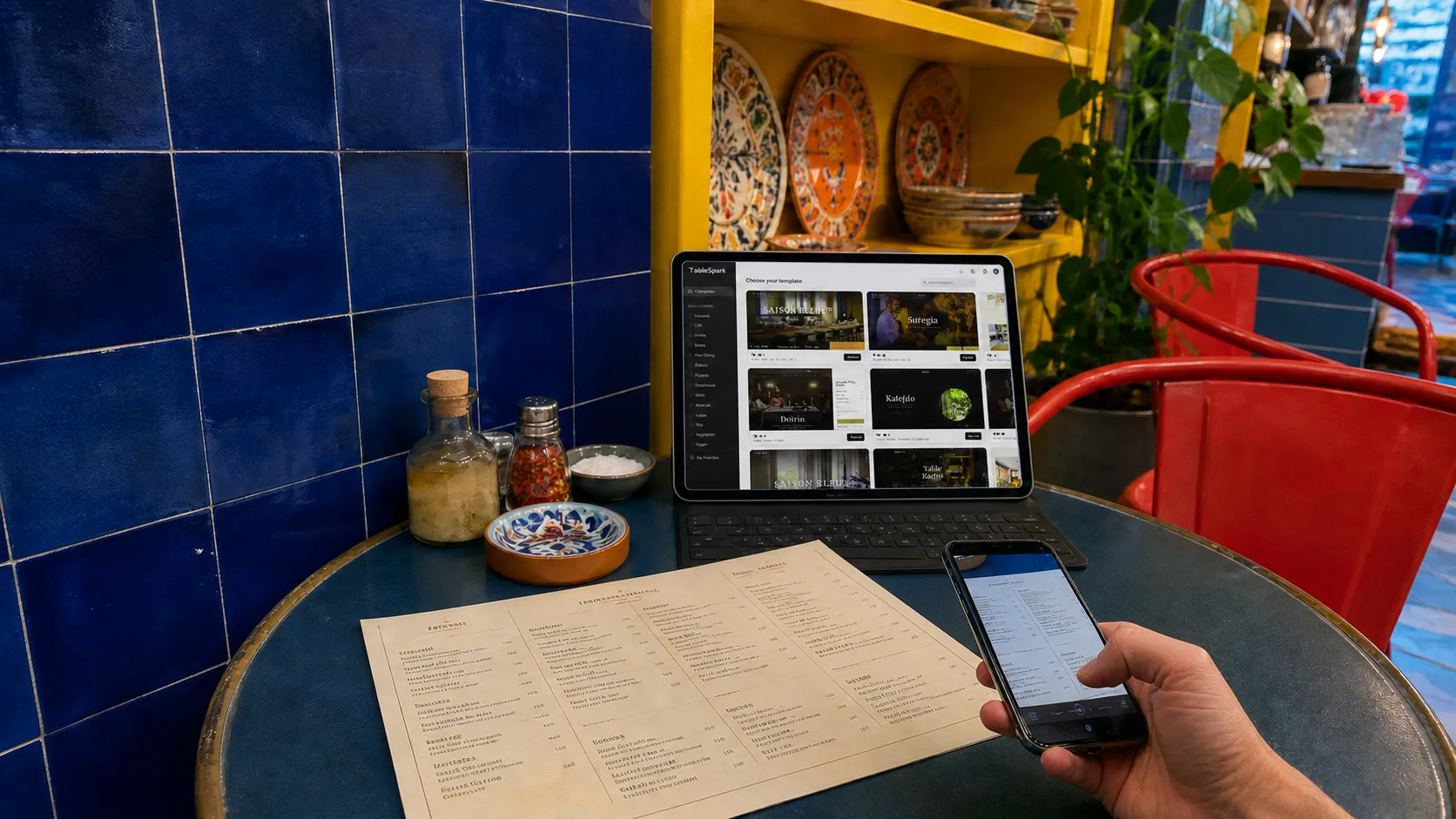 A phone photographing a printed menu beside a tablet showing finished restaurant templates