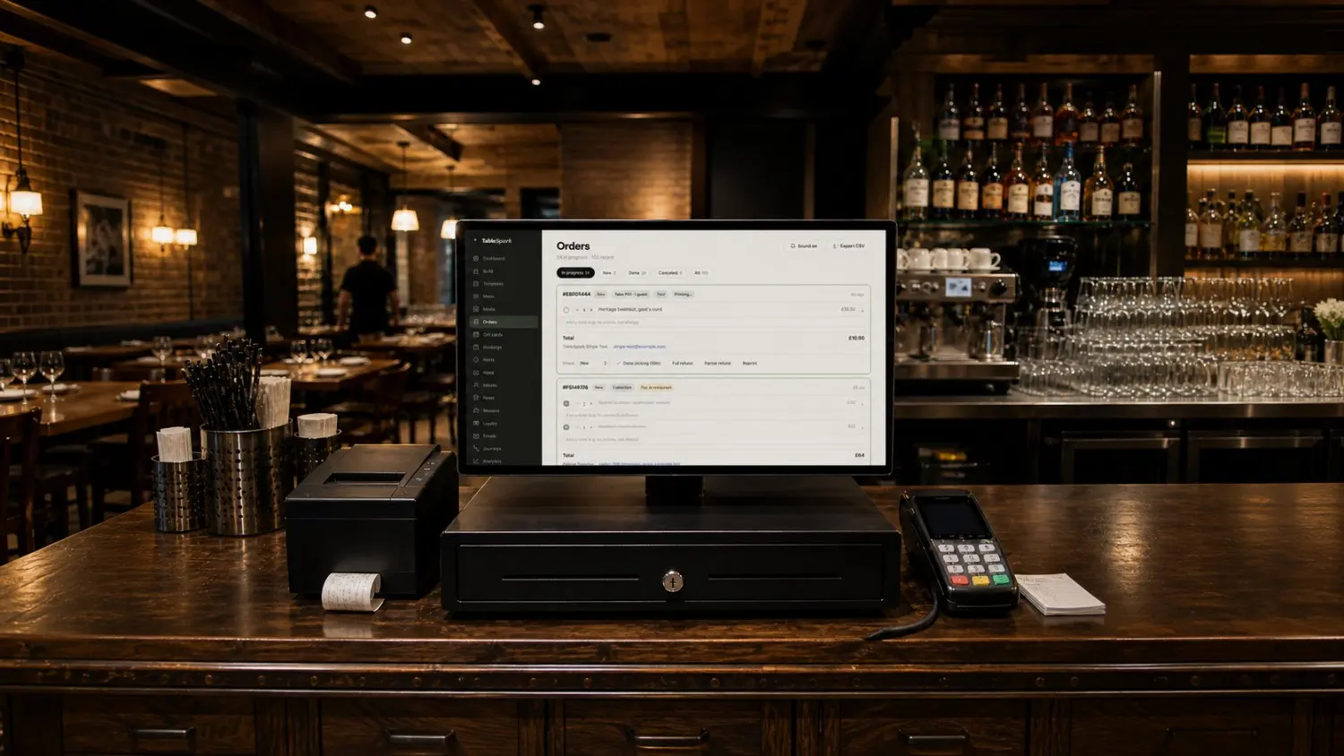 The TableSpark orders screen running on a till at the pass, with a receipt printer and card terminal beside it