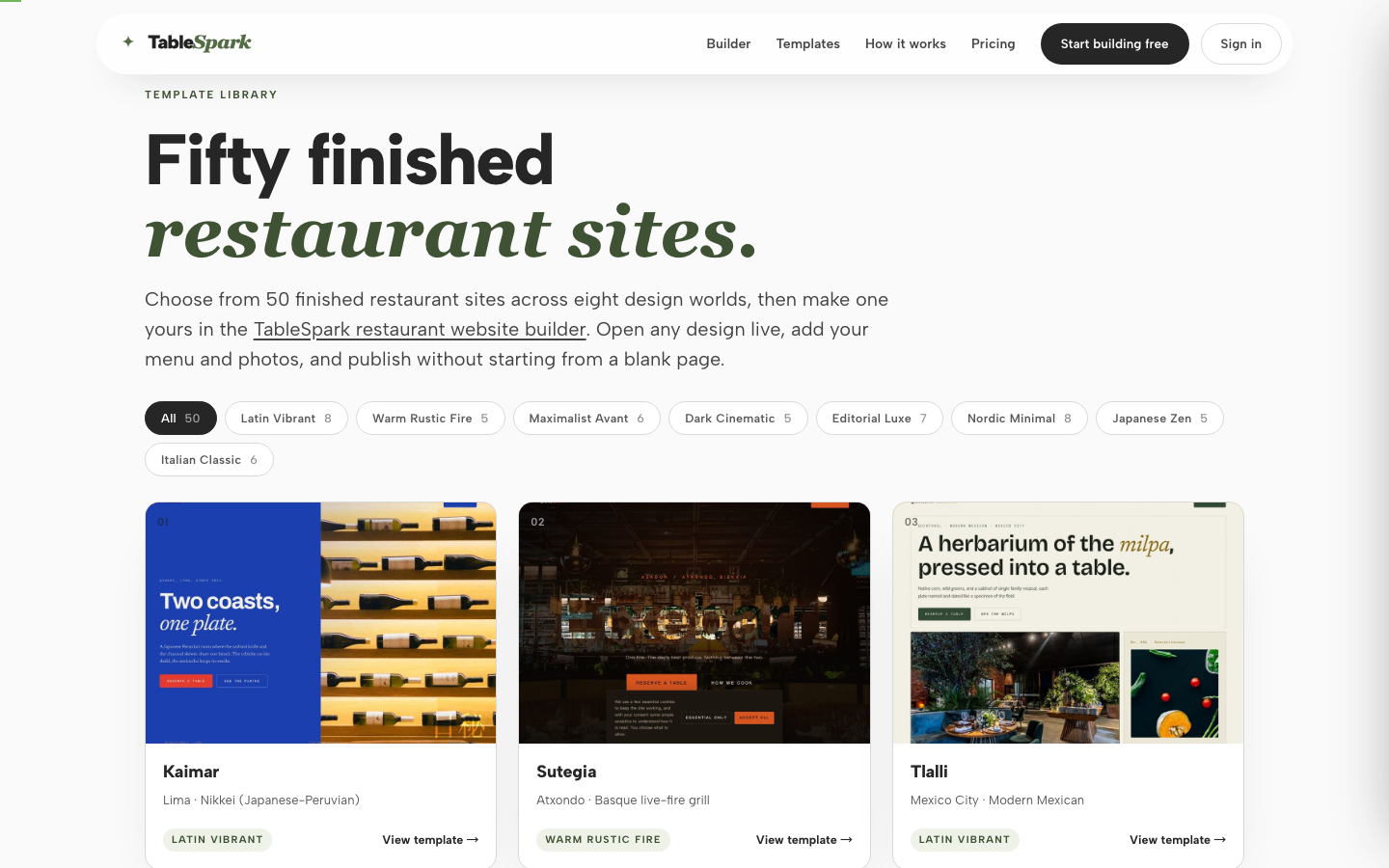 The public TableSpark template gallery headed "Fifty finished restaurant sites." A row of filter chips reads All 50, Latin Vibrant 8, Warm Rustic Fire 5, Maximalist Avant 6, Dark Cinematic 5, Editorial Luxe 7, Nordic Minimal 8, Japanese Zen 5 and Italian Classic 6. Below them are the first three template cards: Kaimar, Sutegia and Tlalli.
