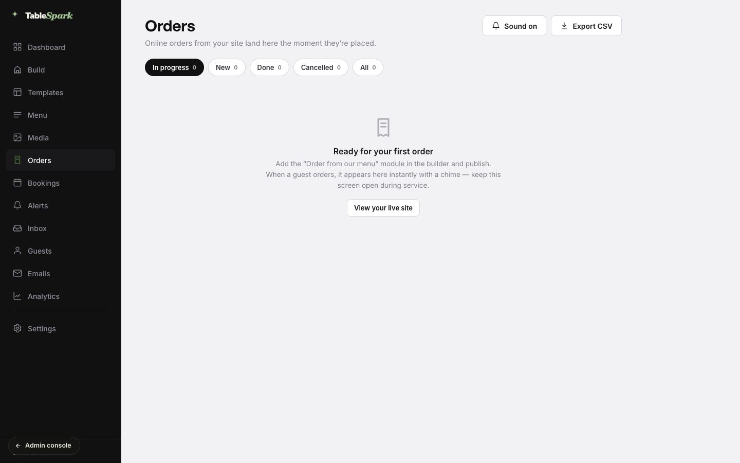 The real TableSpark Orders workspace in a demonstration restaurant account, showing the New, In progress, Done, Cancelled and All status filters, sound control and Export CSV