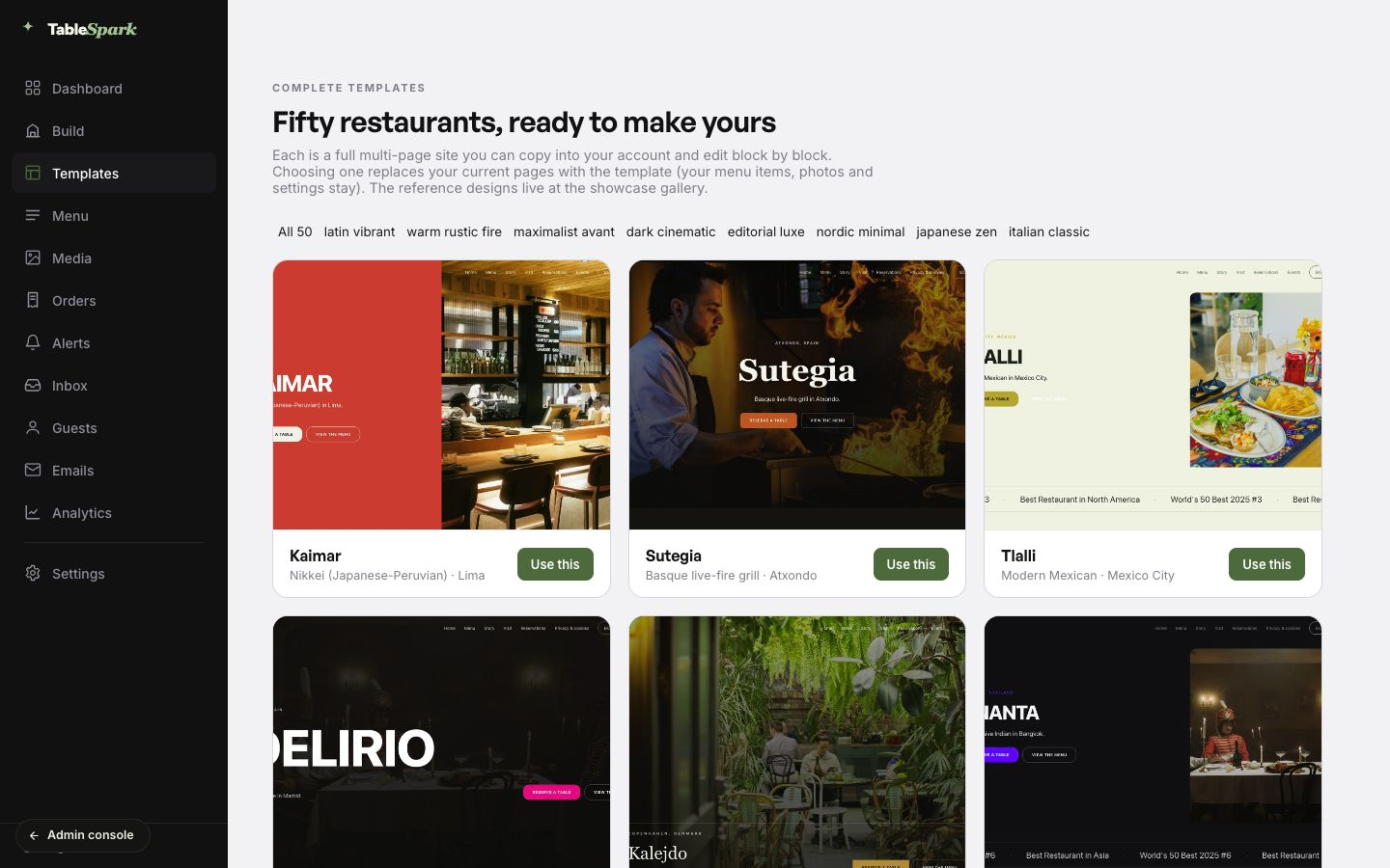TableSpark Templates screen for the Saffron and Sage demonstration restaurant showing design-world filters and complete restaurant template cards with Use this actions
