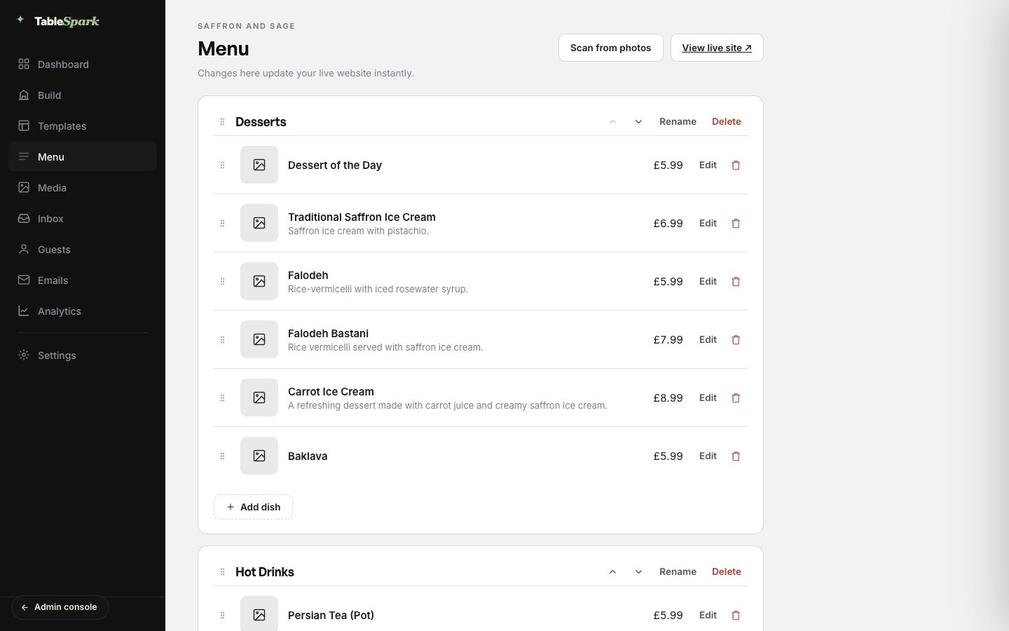 The real TableSpark menu editor for the Saffron and Sage demonstration restaurant, showing structured menu sections, dish descriptions, prices, reorder controls and the Scan from photos action