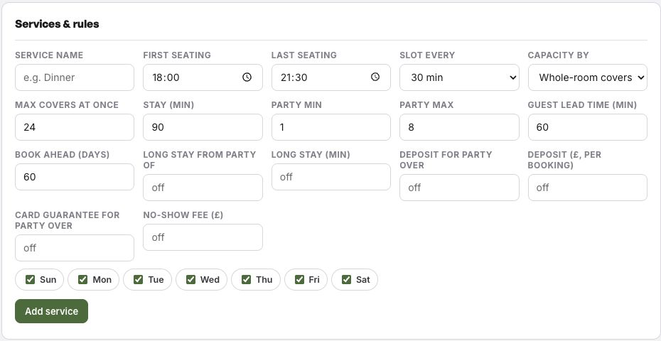 The real TableSpark Services and rules panel with service times, party sizes, deposit threshold, card guarantee threshold and no-show fee fields