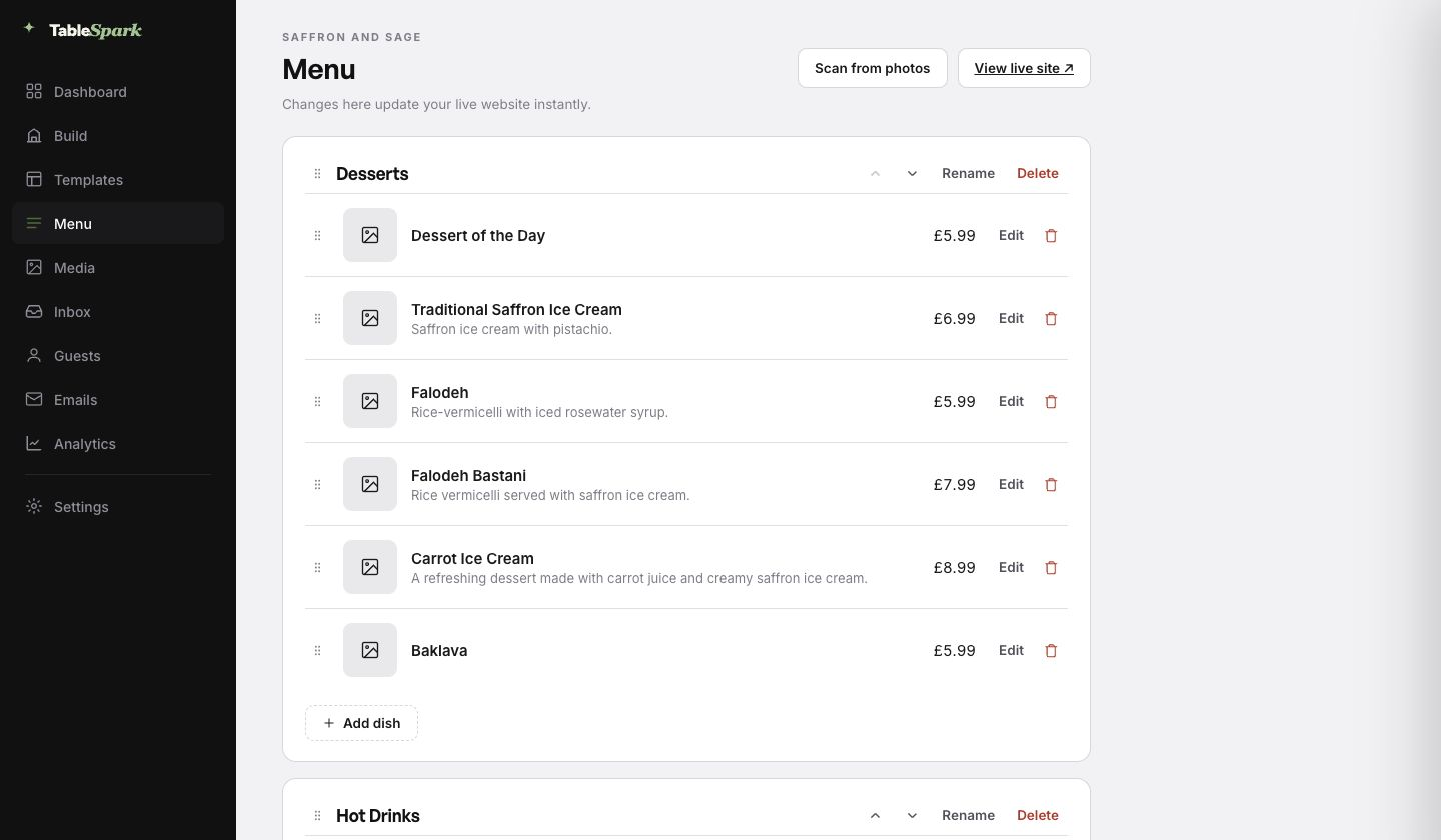 The real TableSpark Menu workspace for a demonstration restaurant, showing a Desserts section with editable dish names, descriptions and prices