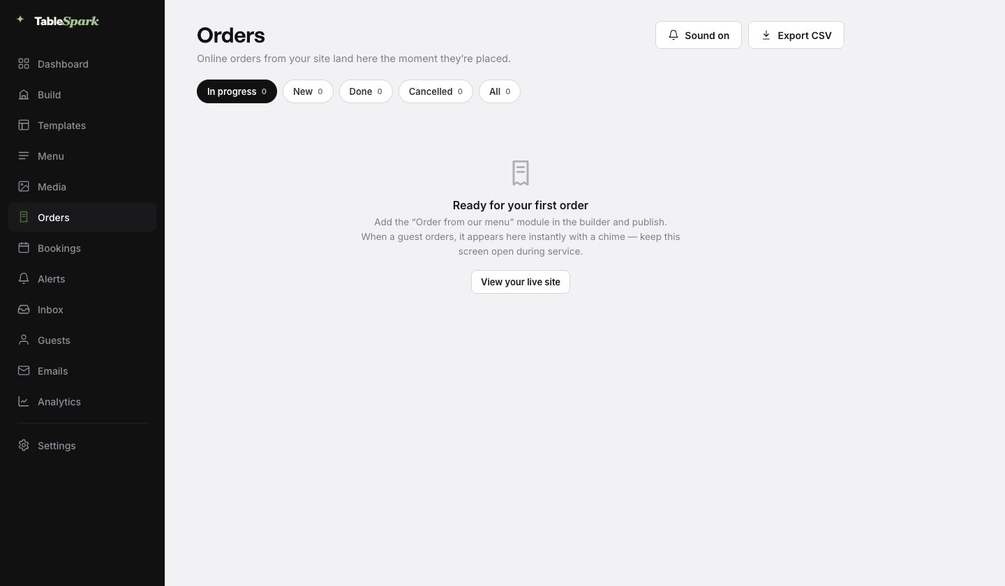 The real TableSpark Orders workspace in a demonstration restaurant account, showing New, In progress, Done, Cancelled and All filters with sound and CSV export controls