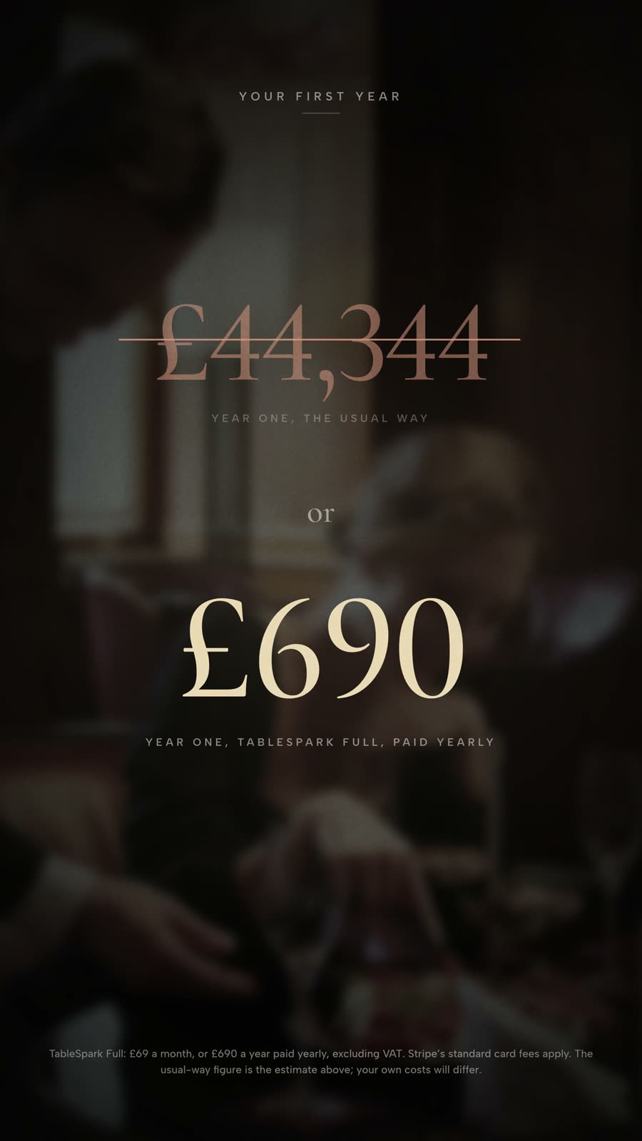 A frame from TableSpark's film: £44,344, year one, the usual way, struck through, then or, then £690, year one, TableSpark Full, paid yearly, excluding VAT