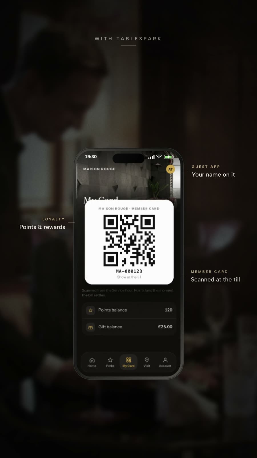 A frame from TableSpark's film: a phone showing a restaurant guest app member card with its QR code, beside the callouts Guest app, Loyalty and Member card scanned at the till