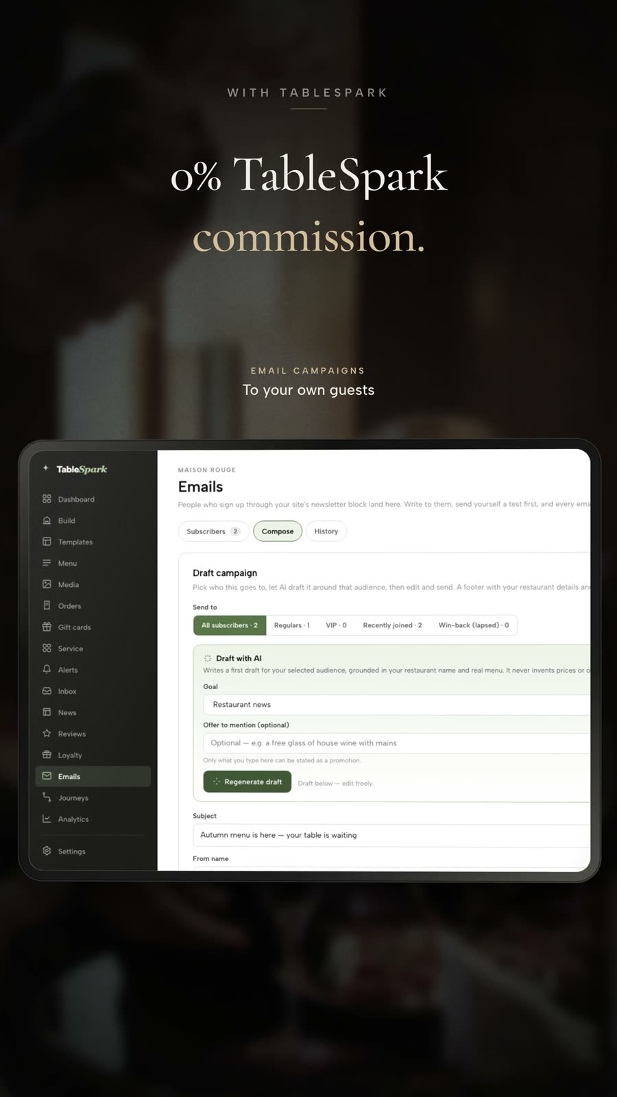 A frame from TableSpark's film: an iPad on the Emails compose screen under the caption Email campaigns to your own guests, with 0% TableSpark commission above