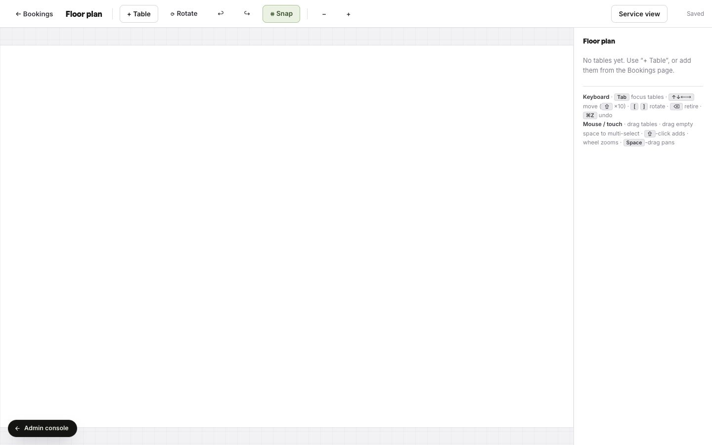 The real TableSpark floor-plan editor, showing Add Table, Rotate, Snap, undo, redo, zoom and Service view controls around the restaurant-specific planning canvas