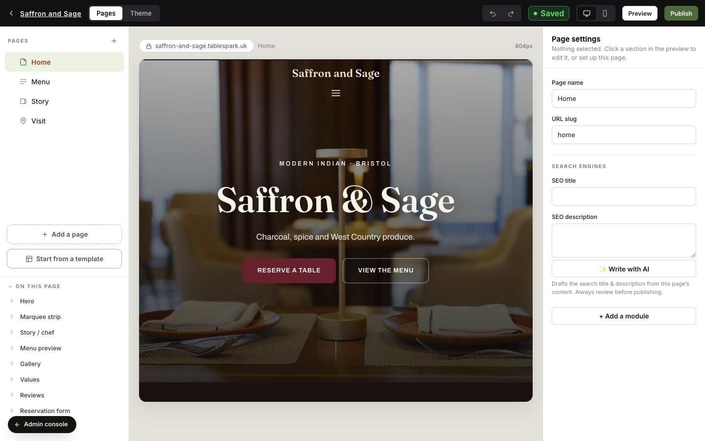 TableSpark site builder for the Saffron and Sage demonstration restaurant with pages and modules, a live restaurant-site canvas, page and search settings, Preview and Publish controls