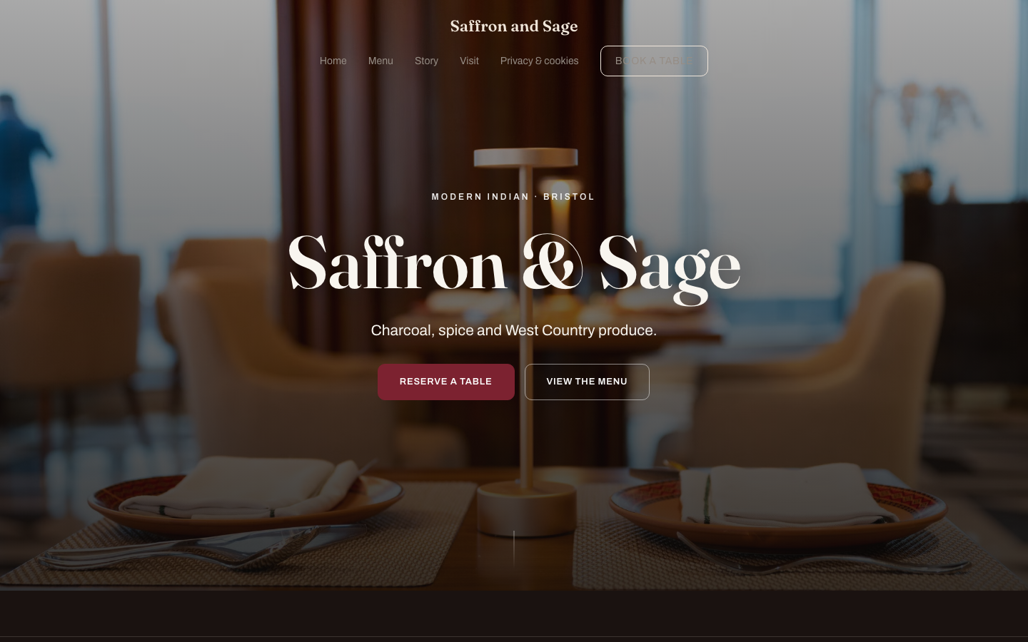 Published Saffron and Sage TableSpark demonstration restaurant homepage at 1440 pixels wide with navigation, restaurant identity, Reserve a table and View the menu actions