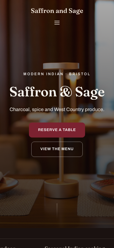 The same published Saffron and Sage TableSpark demonstration restaurant homepage at 390 pixels wide with compact navigation and stacked Reserve a table and View the menu actions