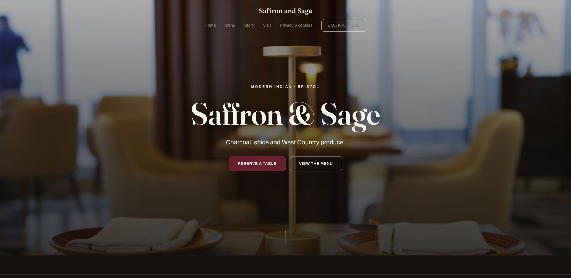 The published Saffron and Sage TableSpark demonstration restaurant homepage with Home, Menu, Story and Visit navigation plus Reserve a table and View the menu actions