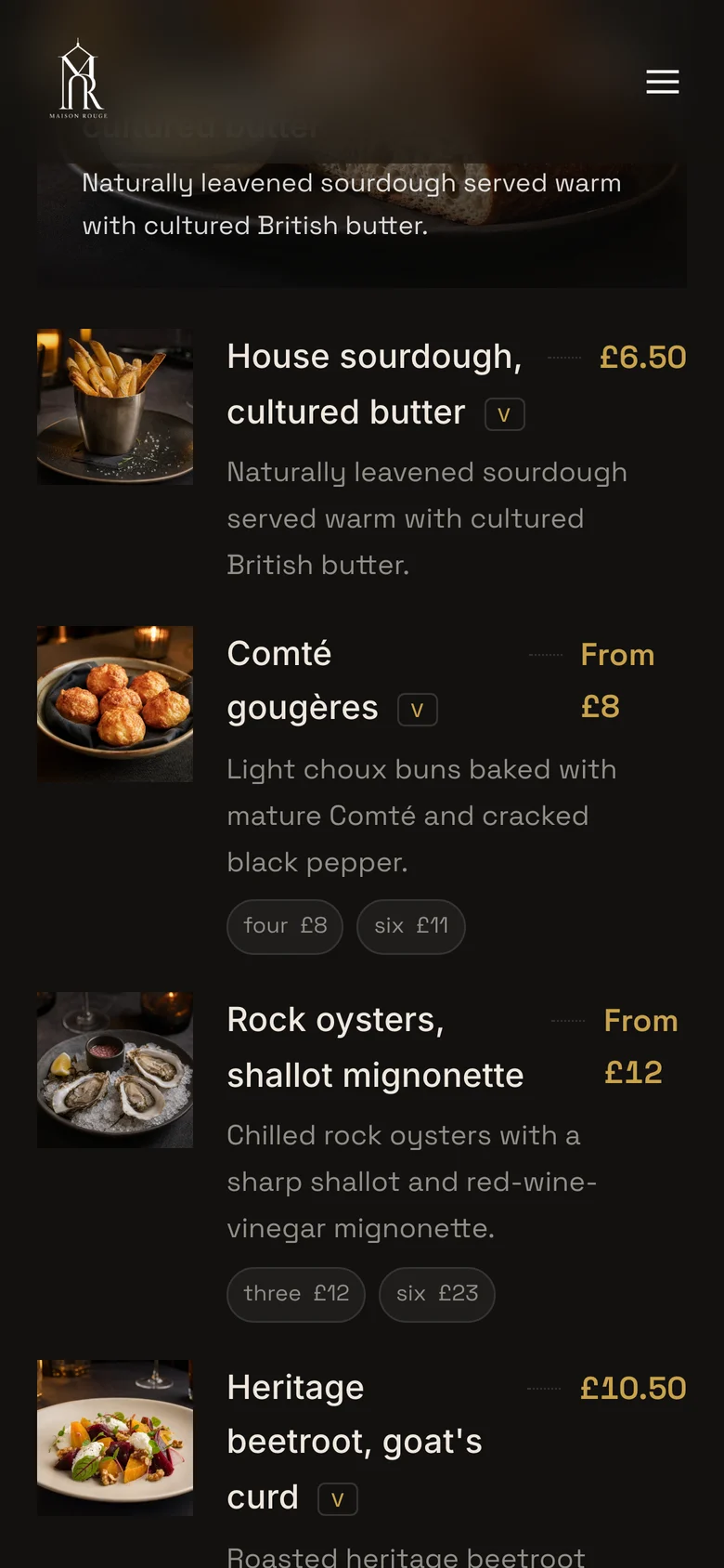 The menu on a phone as a web page: dish names, descriptions, vegetarian tags and prices as text