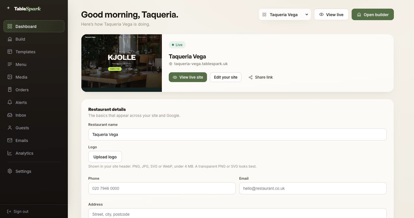TableSpark merchant dashboard for the Taqueria Vega demo restaurant, with the merchant navigation down the left and a live site preview and restaurant details form on the right