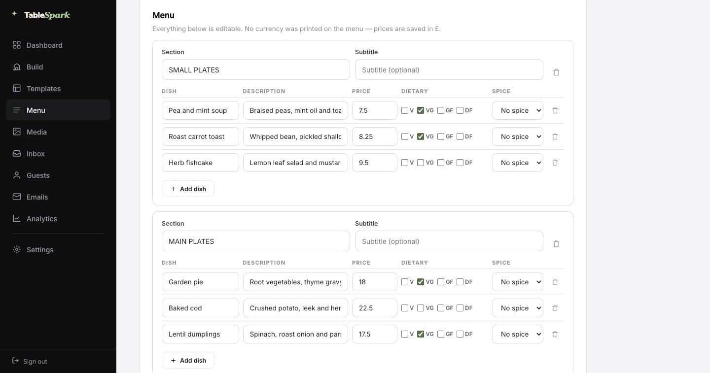 Extracted menu content in the TableSpark menu scan, loaded into editable fields: sections named SMALL PLATES and MAIN PLATES, per-dish name, description and price inputs, V, VG, GF and DF dietary tick boxes and a spice selector