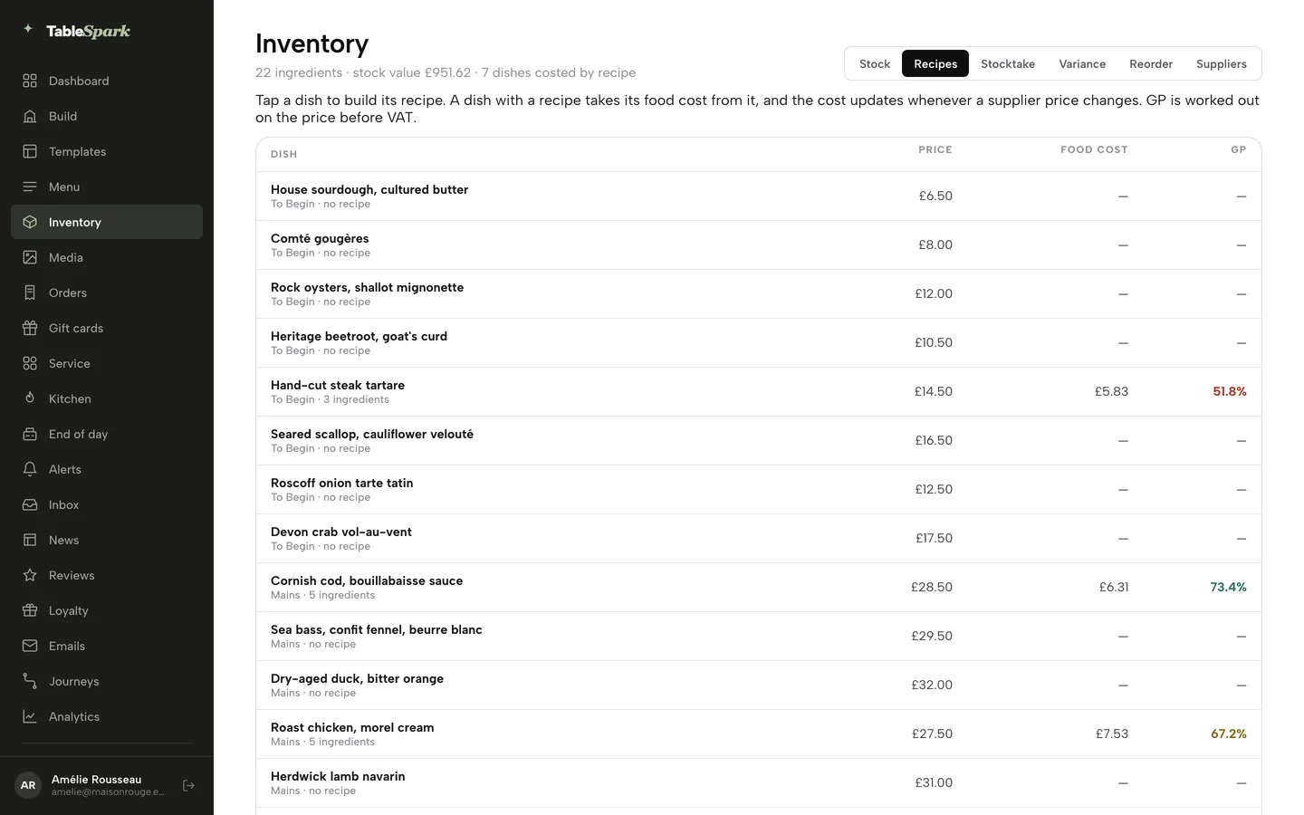 The inventory screen with each dish’s food cost and GP from its recipe