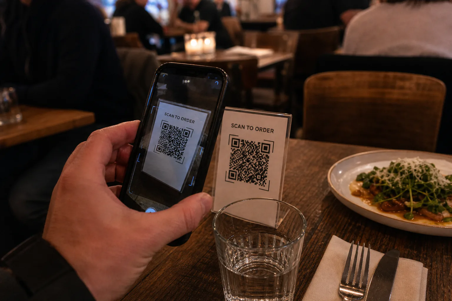 A restaurant guest scanning a table QR code to order on their phone