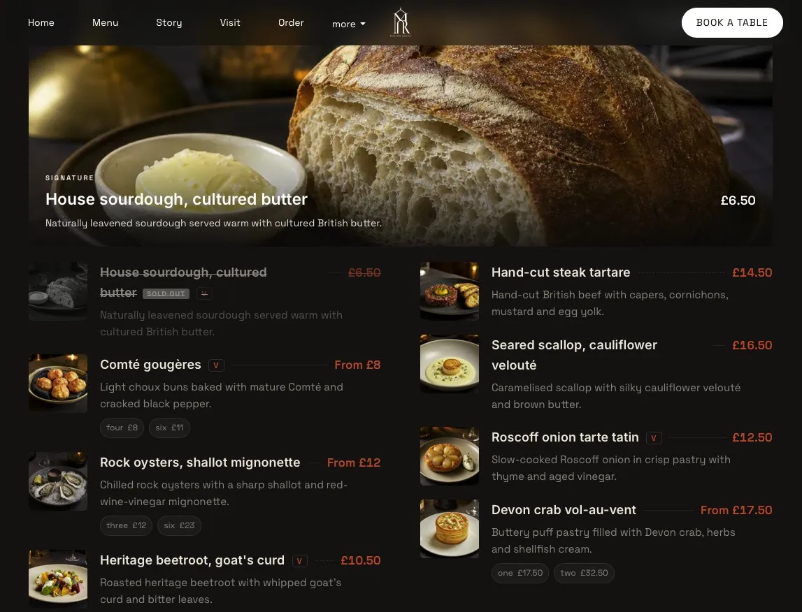 The published Maison Rouge menu page on the restaurant&rsquo;s own site