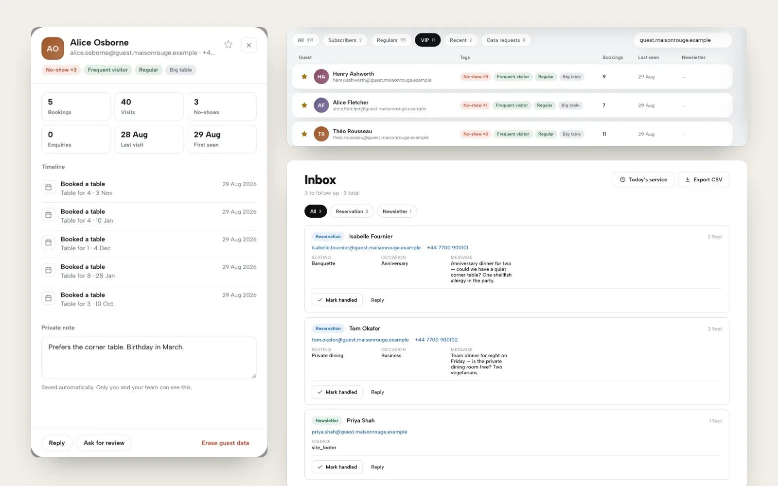 A guest profile with bookings, visits and a private note, the VIP segment of the guest list, and the Inbox with its Export CSV button