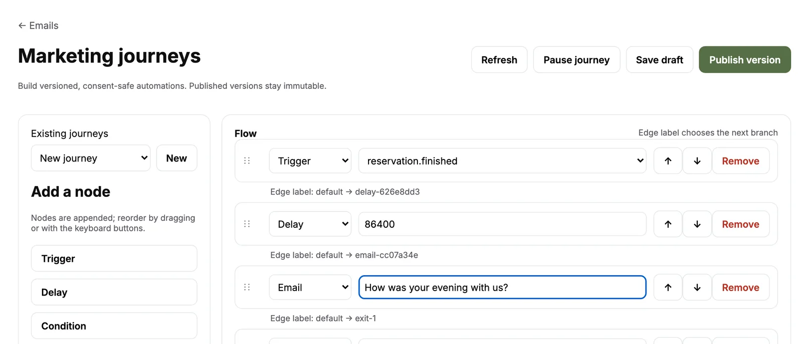 Marketing journeys editor: Trigger booking finished, Delay one day, Email, Exit