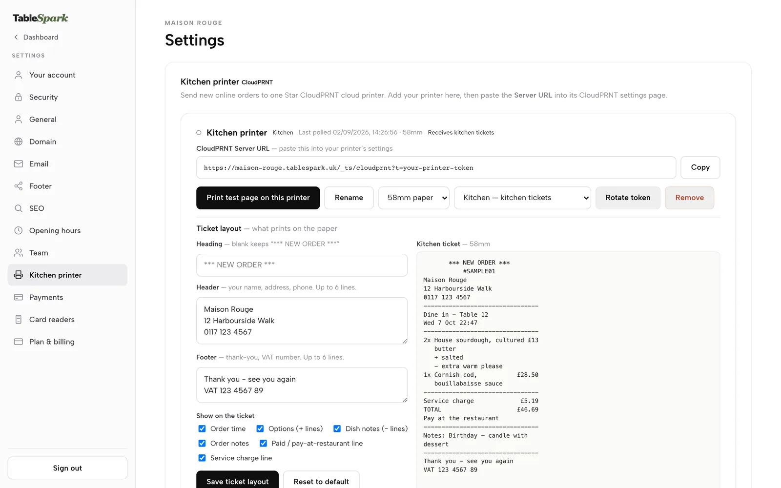 Settings, Kitchen printer: a Star CloudPRNT printer with its Server URL and Copy button, Print test page, paper width and role, and the ticket layout beside a sample kitchen ticket