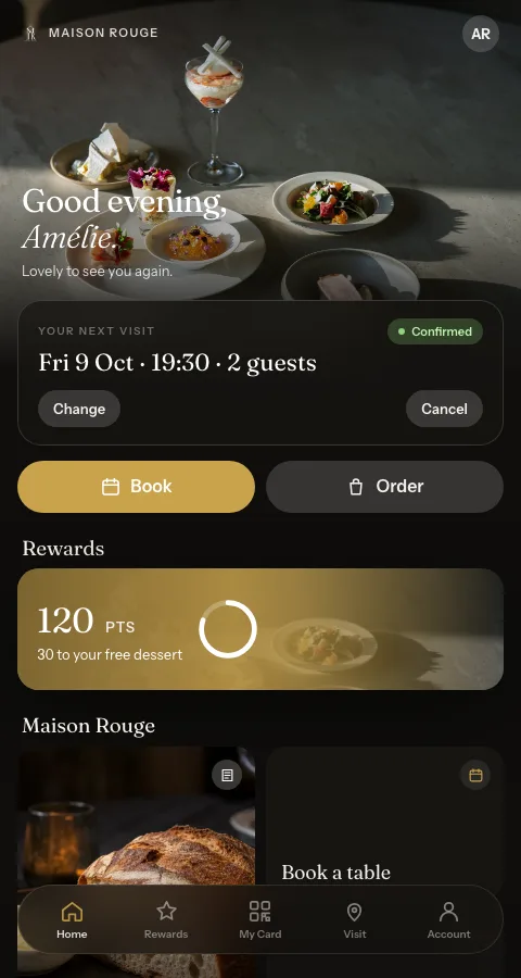 A guest's account home showing Your next visit with Change and Cancel buttons