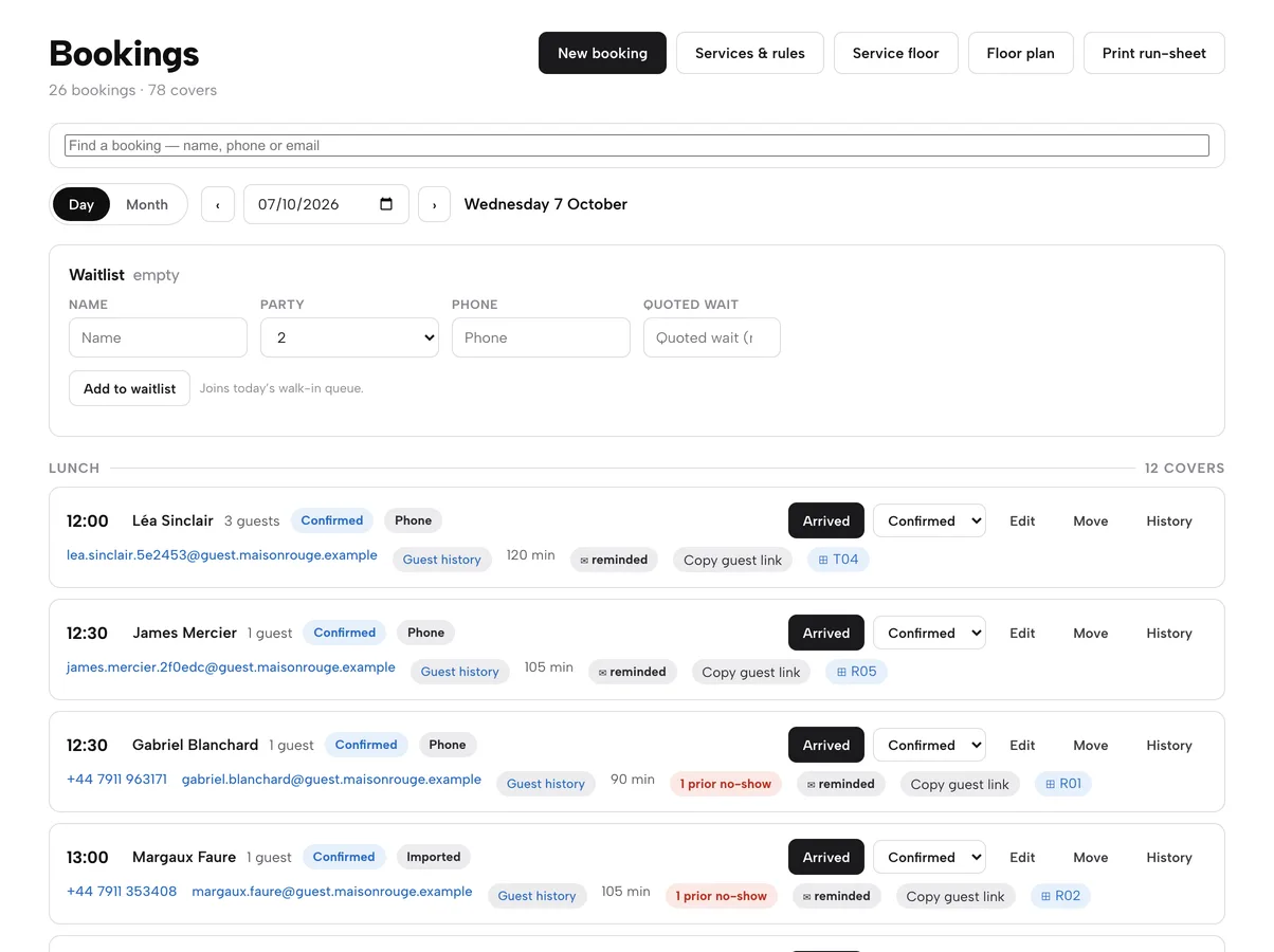 The TableSpark Bookings page for one day: waitlist form, then Lunch bookings with status, source, table and reminder badges