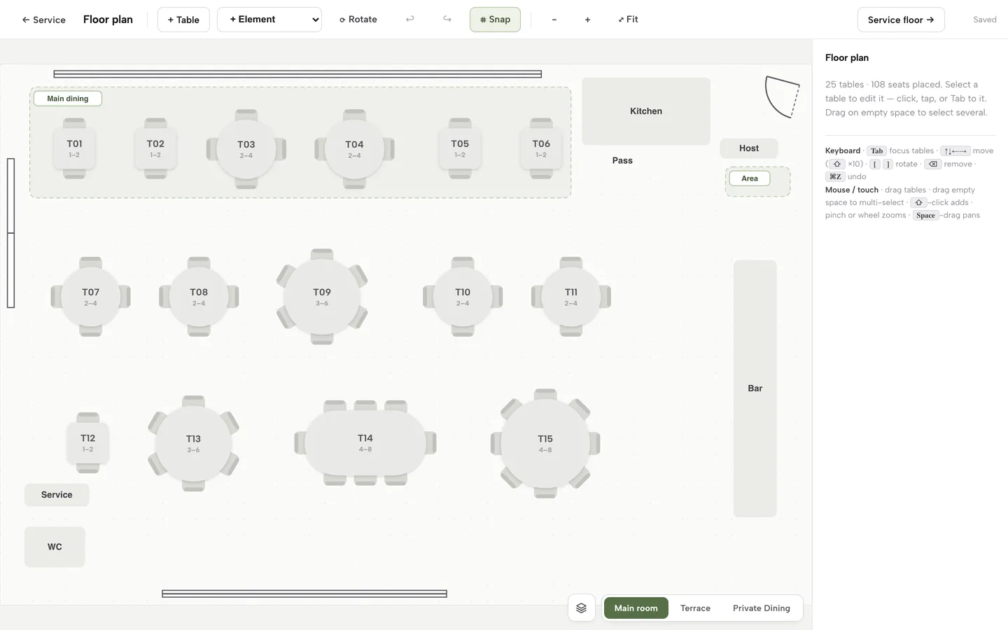 The floor plan editor: 25 tables and 108 seats in the Main room, with room pills for Terrace and Private Dining