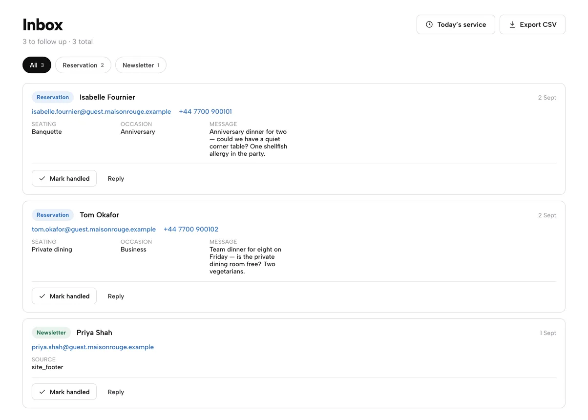 The Inbox with two Reservation enquiries showing seating, occasion and message, each with Mark handled and Reply