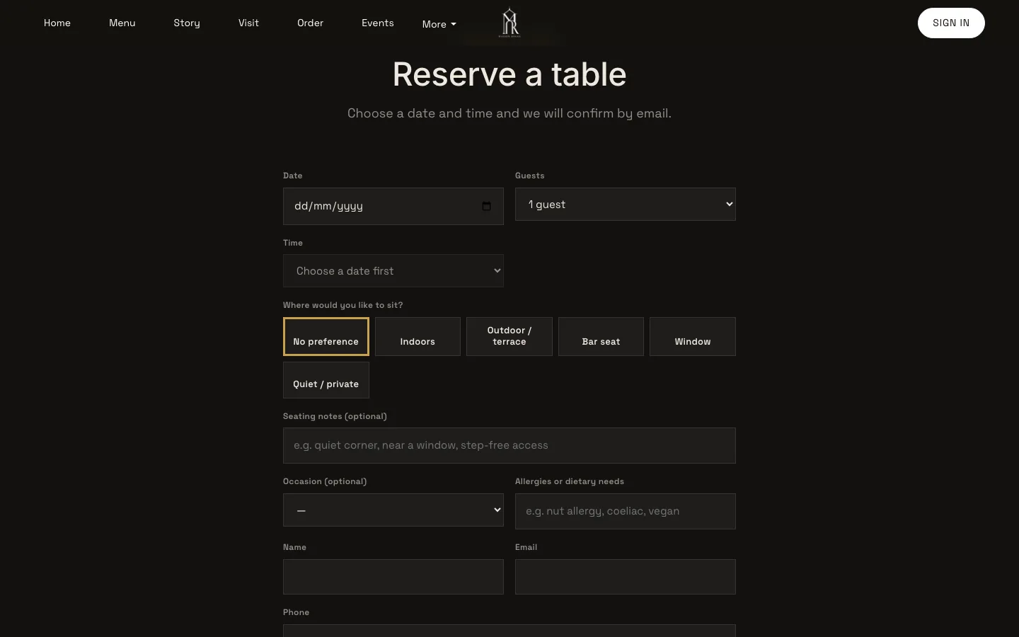 A restaurant site's Reserve a table form with date, guests, time, seating choices, occasion and allergies fields