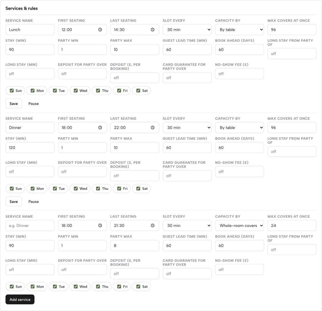 Services & rules rows for Lunch and Dinner with seating times, slot length, capacity, party size, lead time and deposit fields