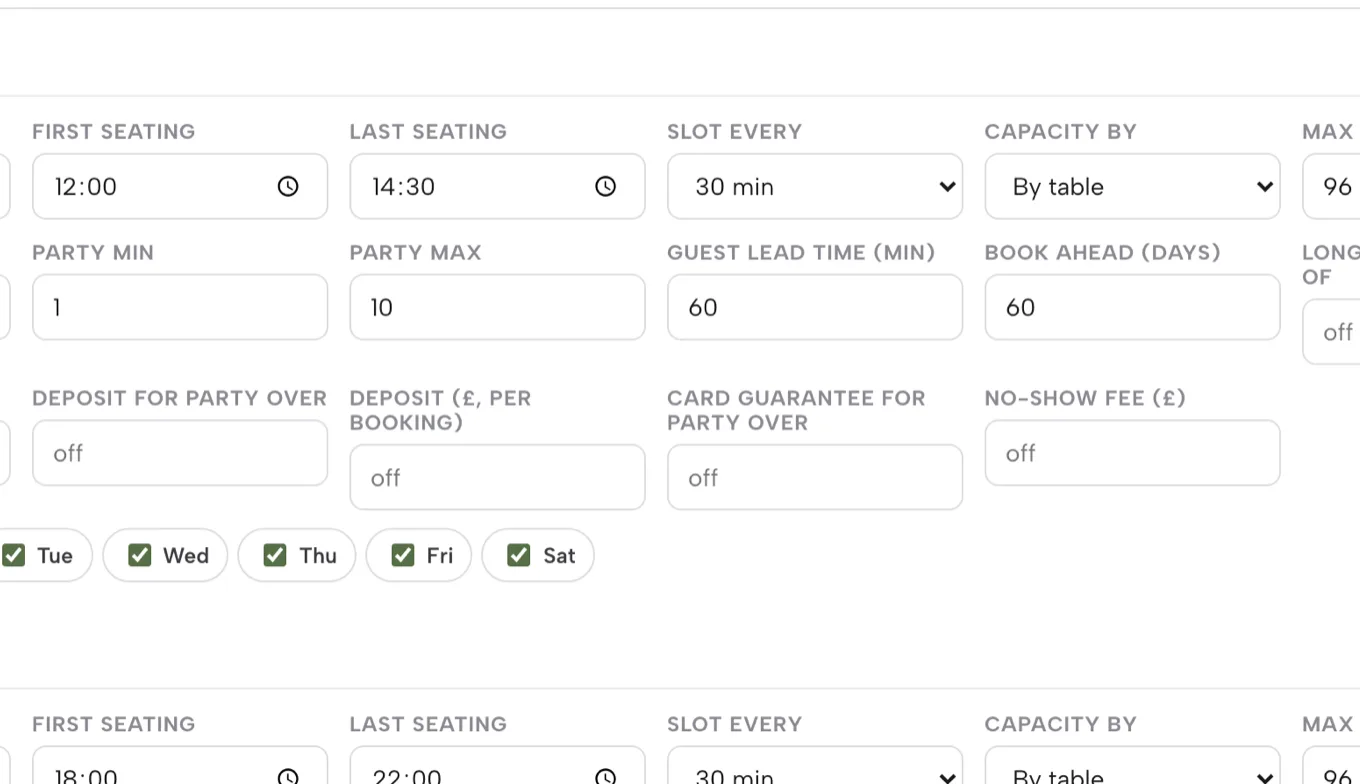 Service row fields: Long stay, Deposit for party over, Deposit per booking, Card guarantee for party over and No-show fee, with day toggles and Save