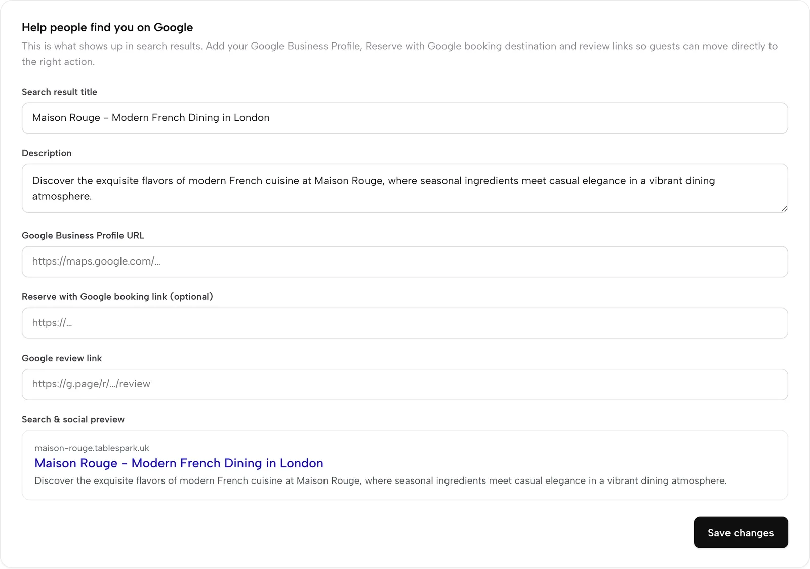 Settings, Help people find you on Google, with the Reserve with Google booking link field