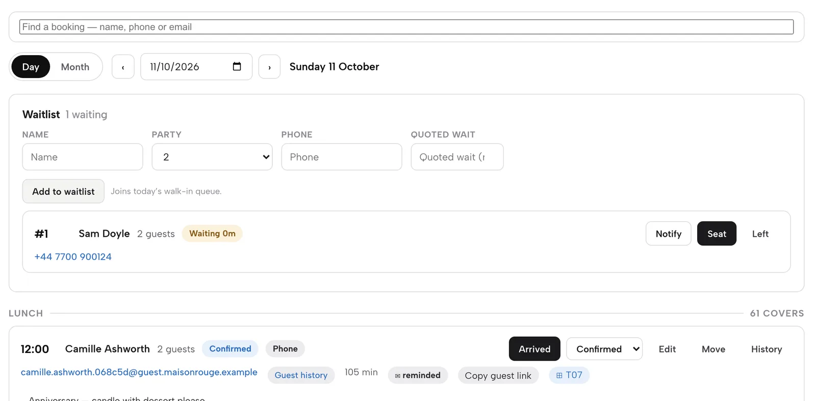 The Waitlist with a party of two queued as number 1, with Notify, Seat and Left buttons above the first Lunch booking