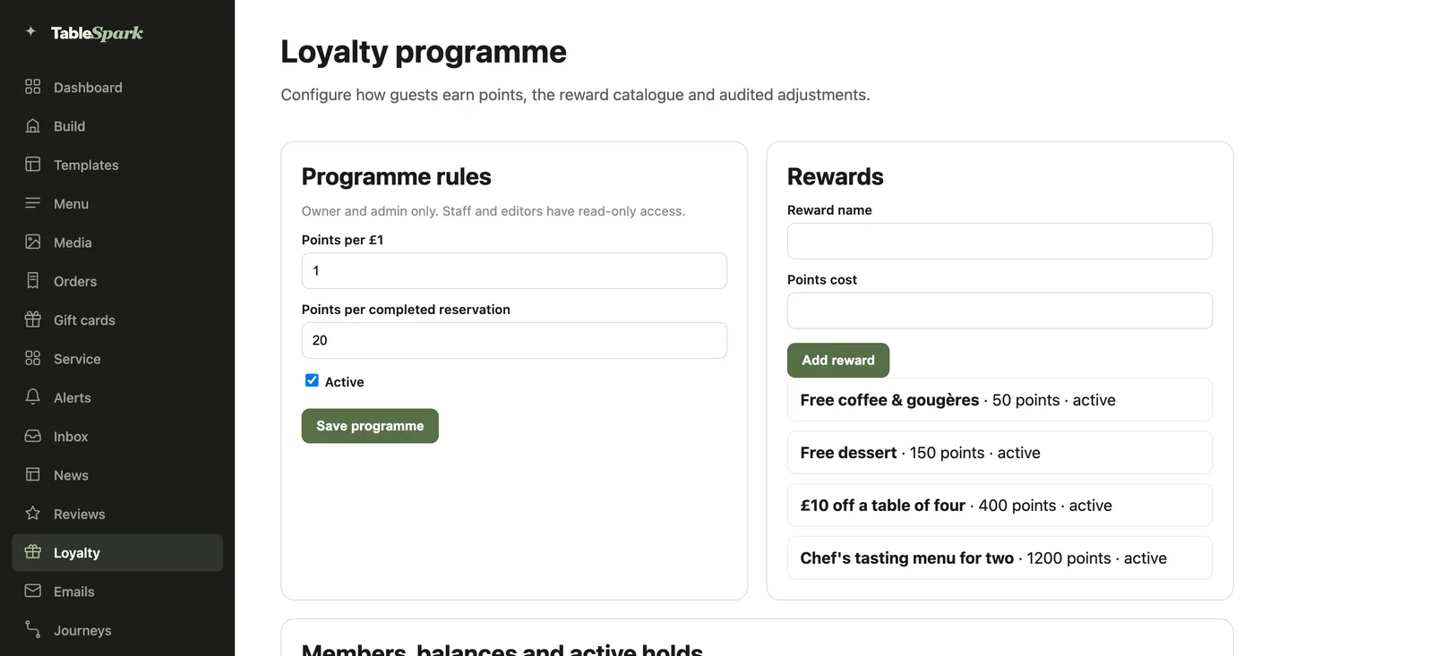 The Loyalty programme page: programme rules with points per pound and per reservation, and a rewards catalogue from 50 to 1200 points