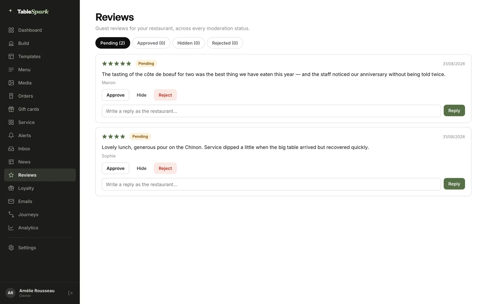 The Reviews page with two pending reviews, each with Approve, Hide, Reject and a reply box